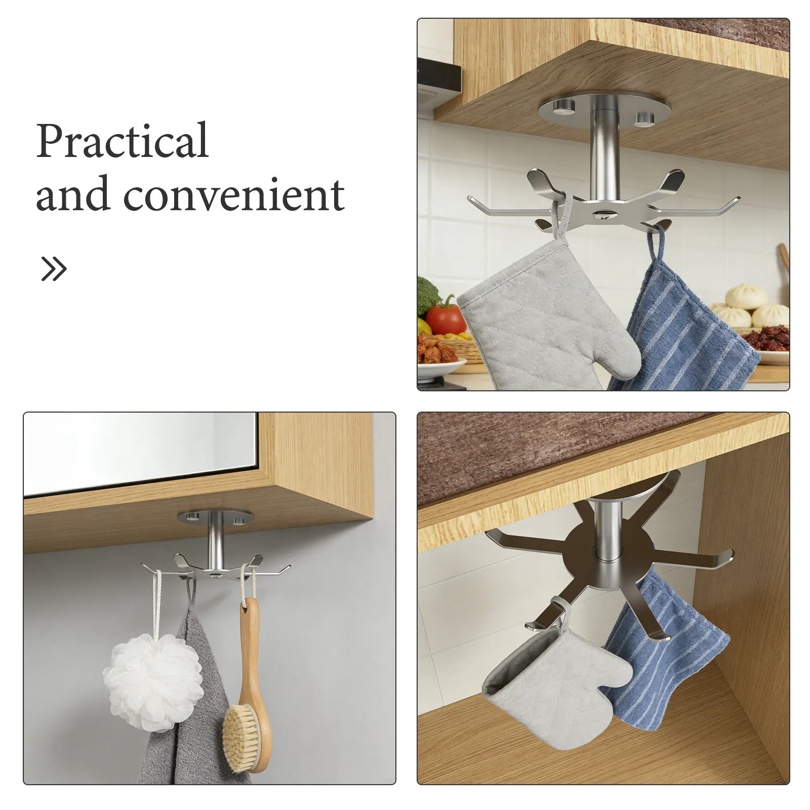 Stainless Steel Rotating Hooks 2pcs, 360° Under-Cabinet Hangers for Kitchen Organizers & Storage