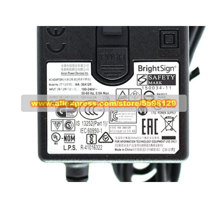حقيقي 12 فولت 3A 36 واط محول التيار المتردد APD WA-36A12R شاحن ل BRIGHTSIGN مشغل الوسائط XD234 XD1034 XT244 XT1144 امدادات الطاقة 2-pin