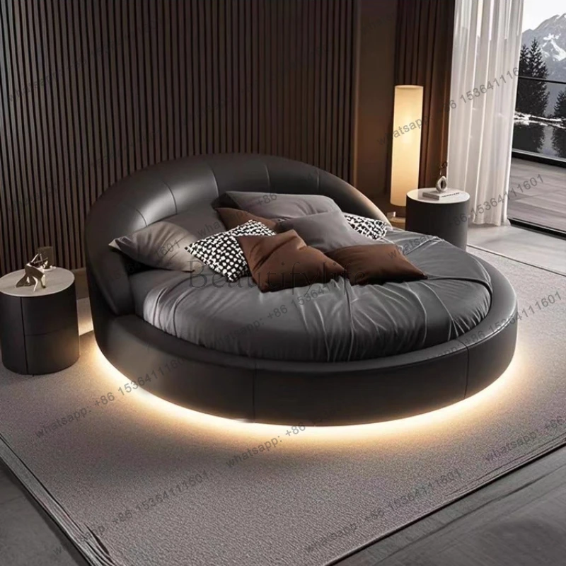 Luxury leather round Double bed 2 people full size bed frame bedroom beds queen beds frames LED lights furniture
