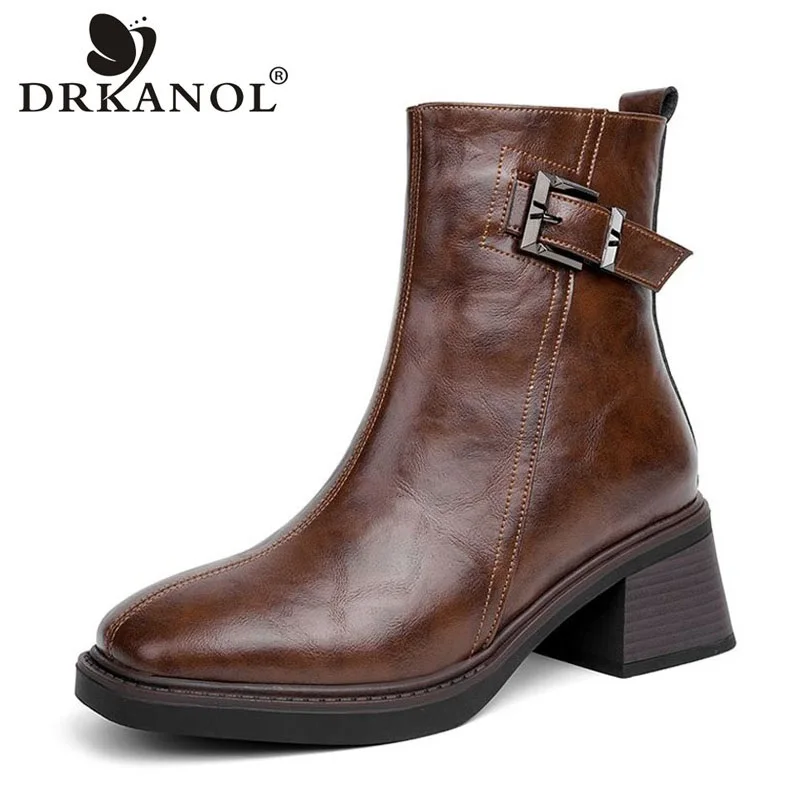 

DRKANOL Women High Heel Ankle Boots Winter Natural Wool Fur Shearling Warm Ankle Boots For Female Real Cowhide Square Toe Boots