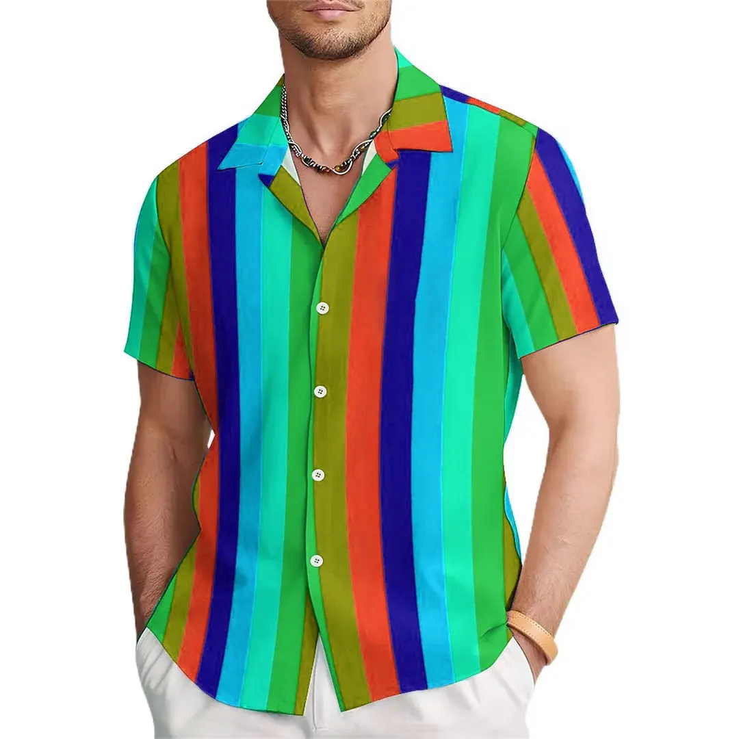 2024 new summer men\'s shirts rainbow striped casual short-sleeved shirts 3D HD full body printing shirts versatile fashion comfo