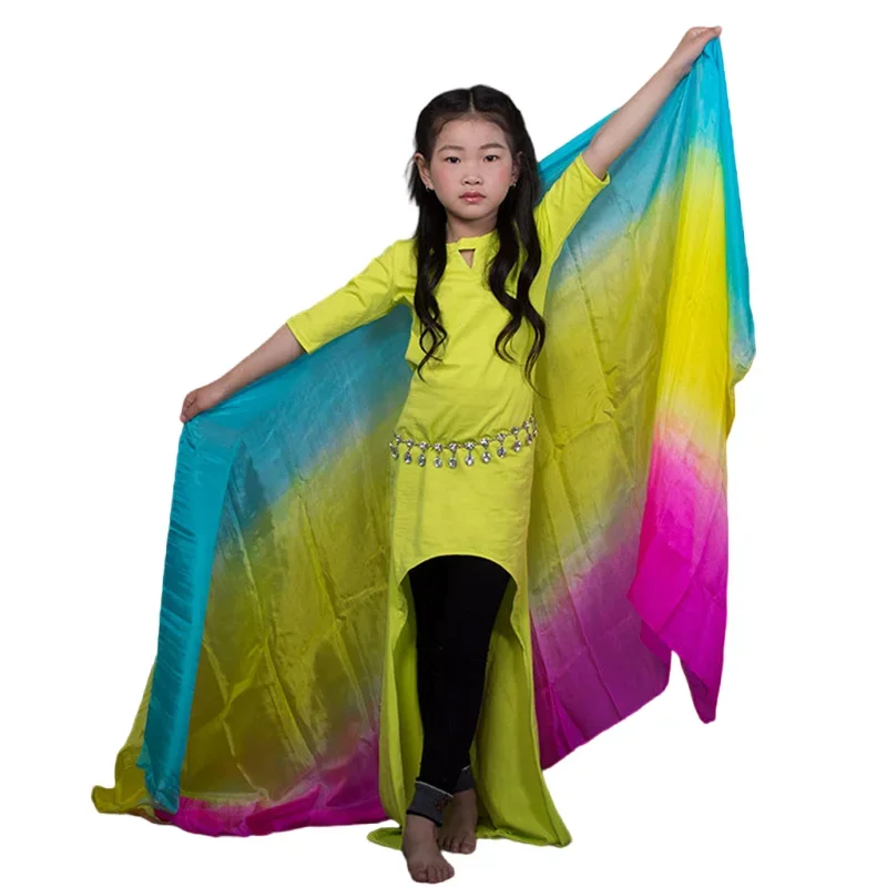 الفتيات 100% الحجاب الحرير الرقص الشرقي وشاح اليد ألوان تدريجية الحجاب شال خفيفة الوزن الاطفال أداء زي اكسسوارات 200X90cm