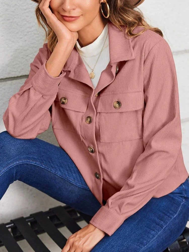 Corduroy Elegant Button Pocket Women Jackets Turn-down Collar Breasted Long Sleeve Jacket 2024 Autumn Winter Clothes Women