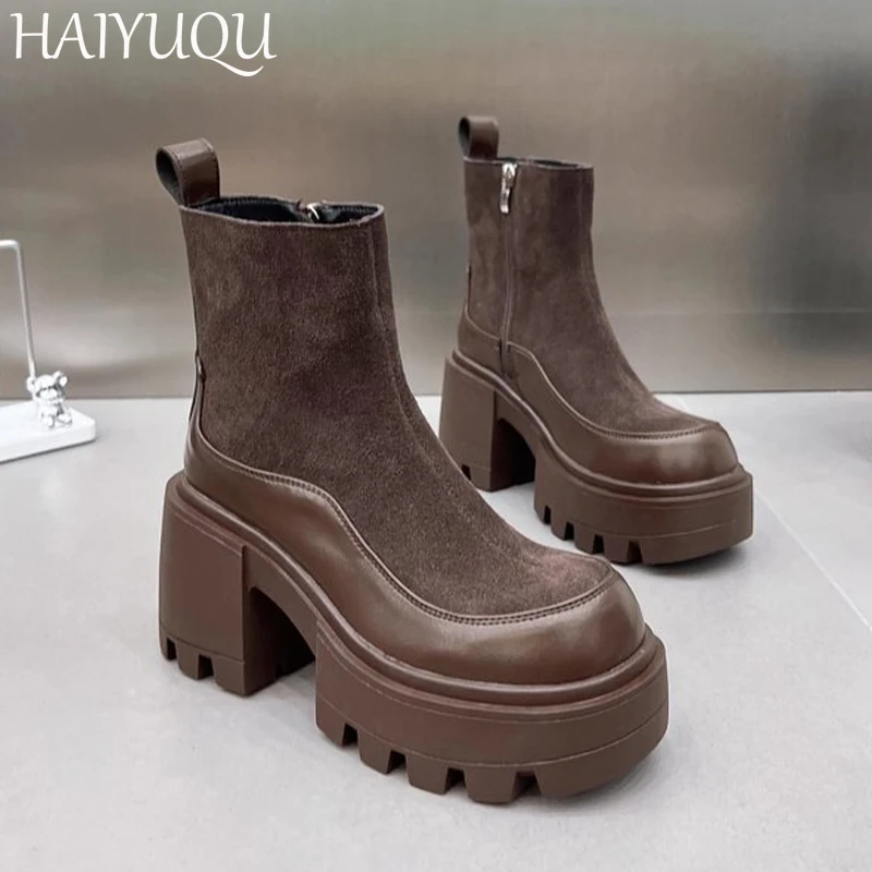 Damskie buty za kostkę na platformie Zamszowe buty na wysokim obcasie Skórzane buty Kobieta 2023 Trend Fad Nowe śniegowe buty Chelsea Goth Winter