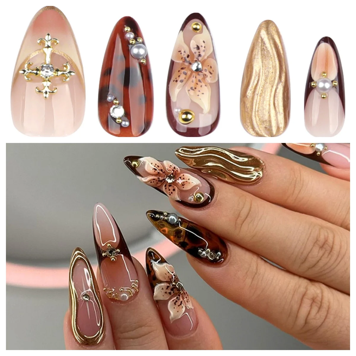 

Wholesale Short Almond Press on Nails - 3D Flower Cross Malardé Tortoiseshell Fake Nails