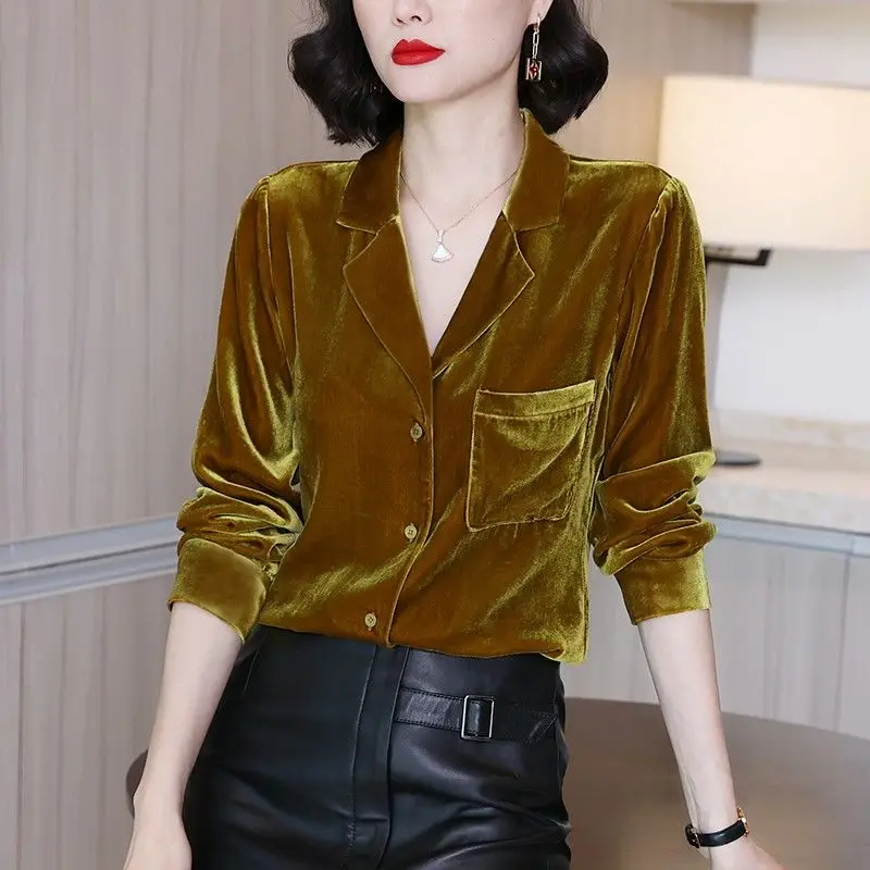 Spring Summer Autumn Shirt Design Gold Velvet Shirt Women's Blouse Retro V-Neck Pocket Soft Casual Shirt Jacket Female TT1410