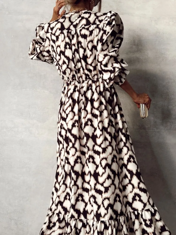 Spring New Arrival Ladies Fashion Printed V-neck Office Dress Elegant Tie-up Long Dress Women Pattern Printed Summer Party Dress