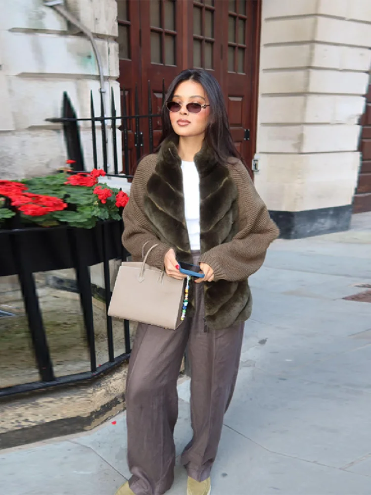 시크한 가을 겨울 인조 모피 혼합 니트 재킷 여성용 하이넥 럭셔리 니트 스웨터 2025 신상 여성 중세 패션 코트