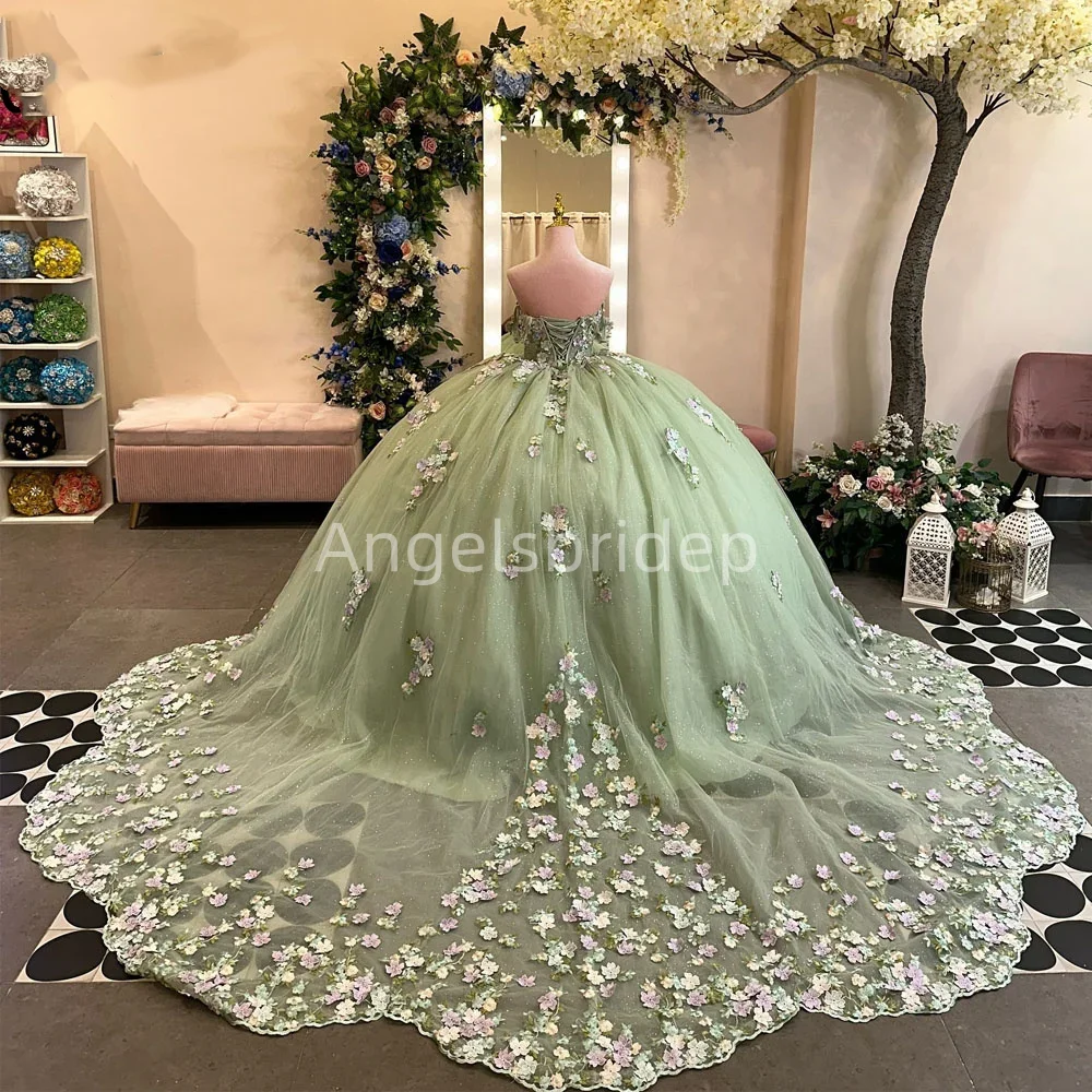 Angelsbridep Personalizzato Senza Maniche Verde Salvia Abito di Sfera Abiti Quinceanera 2025 3D Flora Brithday Party Abiti Da 15 Años