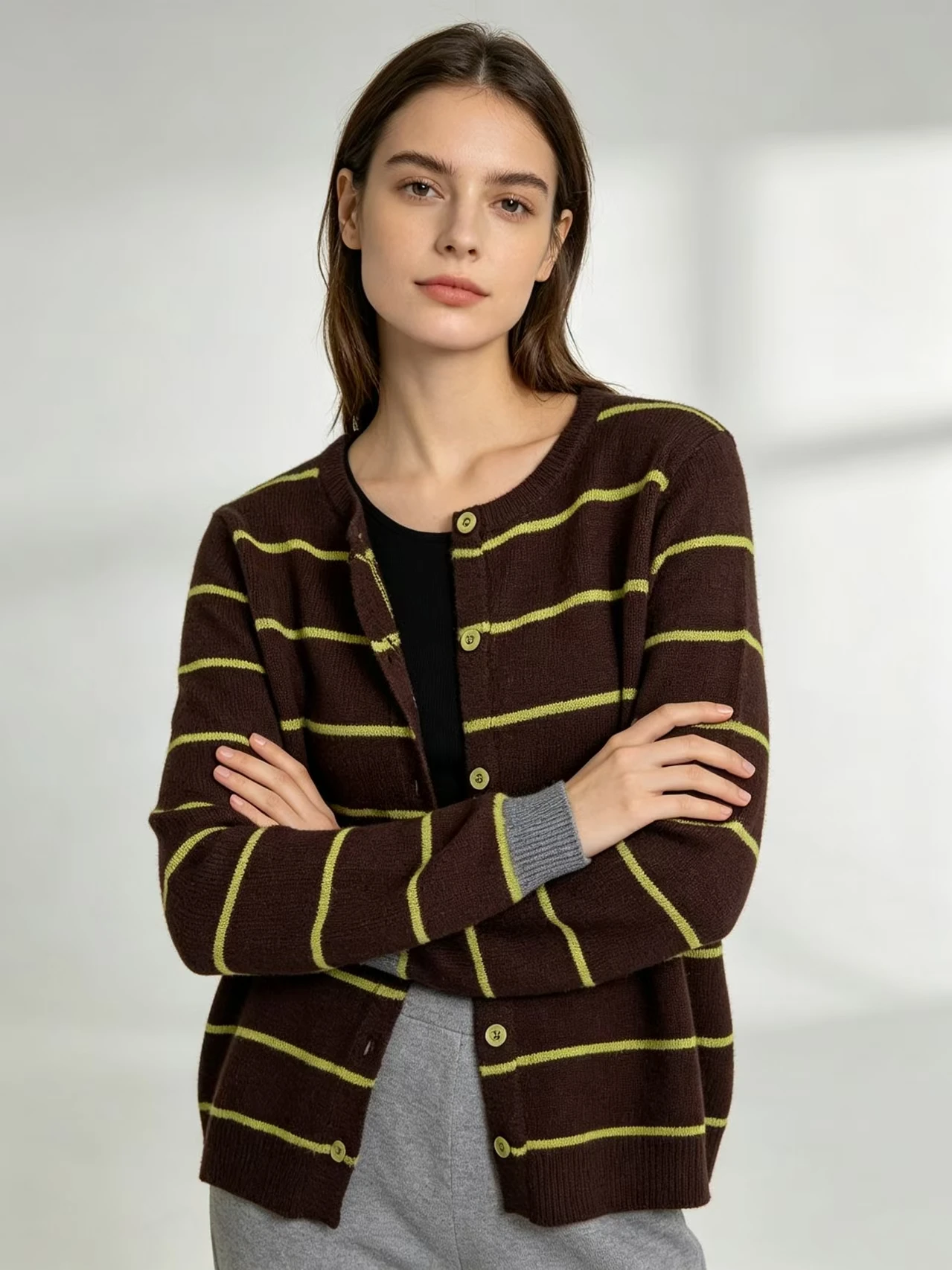 fenggejiwo Women Wool Knit Cardigan Round Neck Long Sleeve Striped Sweater Button Front Loose Casual Vintage Female Outerwear 2