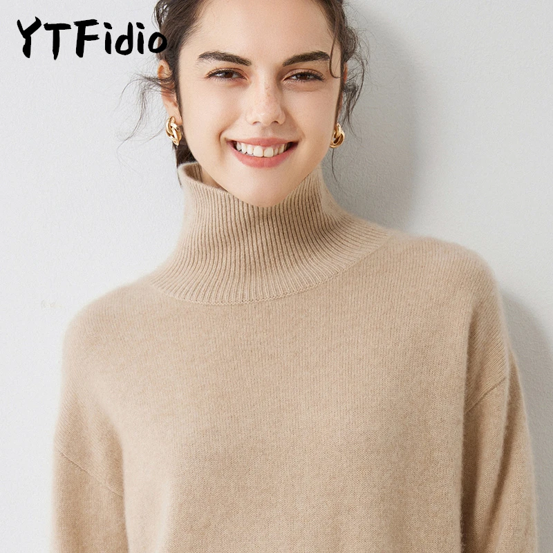 YTFidio 100% cashmere Women stand collar Mock Neck Slim Sweaters Solid Soft Warm Elastic Pullover  Female Tops 16