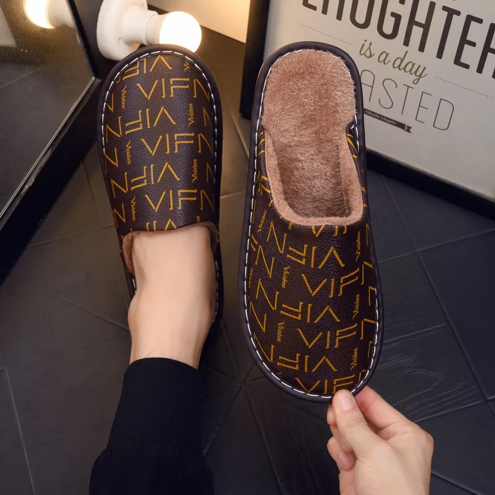 Winter PU Leather Closed Toe Slippers Warm Plush Indoor Home Soft Flat Sole Quiet Non-slip Unisex House Shoes