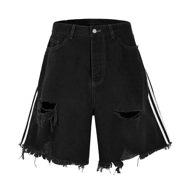 Hi Street Ripped Destroyed Washed Denim Shorts Hip Hop Vintage Harakuju Short Jeans For Male Black