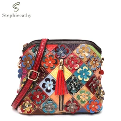 SC Women Vintage Colorful Leather Patchwork Handbag Rhinestones Appliques Tassel Decor Zip Pockets Cross body Shoulder Bag Boho