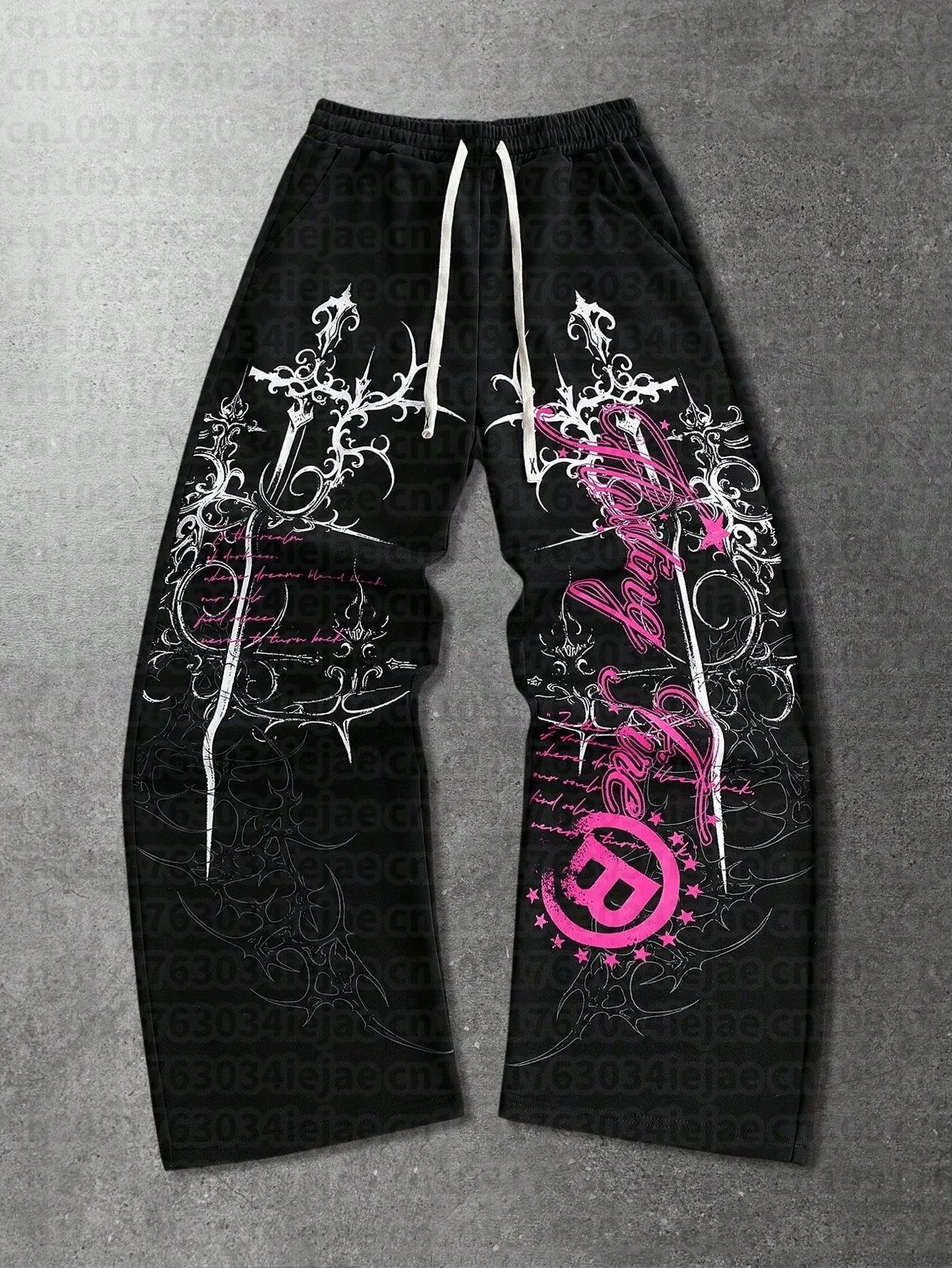 Y2K Goth Streetwear Herren Damen Sommer Schnelltrocknende Lange Hose Rosa Weiß Graffiti-Muster Elastischer Kordelzug Weite Hose – Detail 3