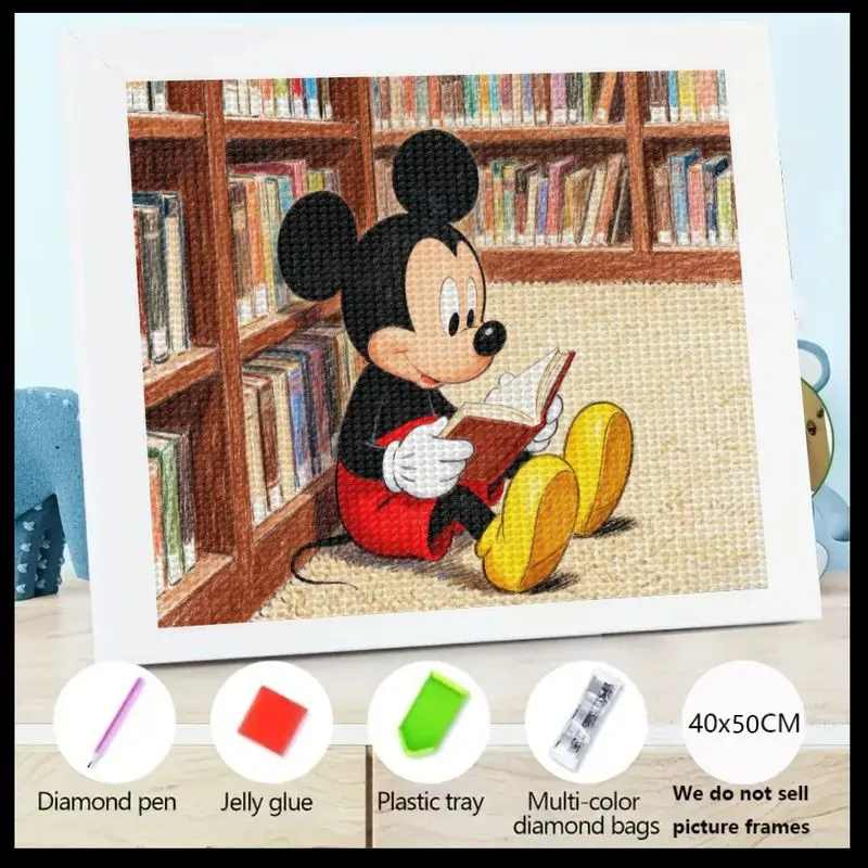 

1 шт., алмазная живопись с Микки Маусом Диснея для чтения, 5D полная дрель, набор «сделай сам», персонаж мультфильма для детей и взрослых, сцена библиотеки, Roun