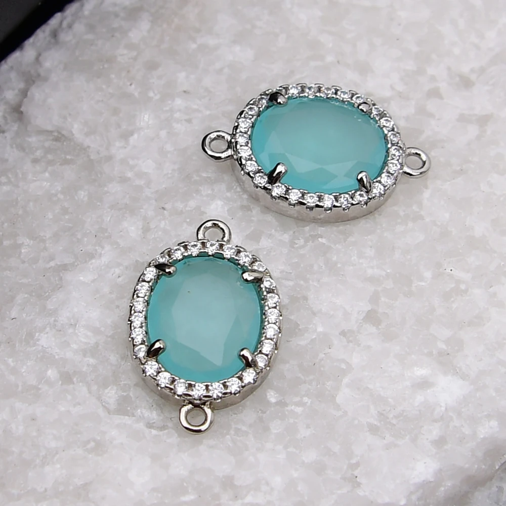 APDGG 10 Pcs Natural Lake Blue Cat eye Stone Cz Sliver Color Connector Charms Pendant Jewelry DIY view 5