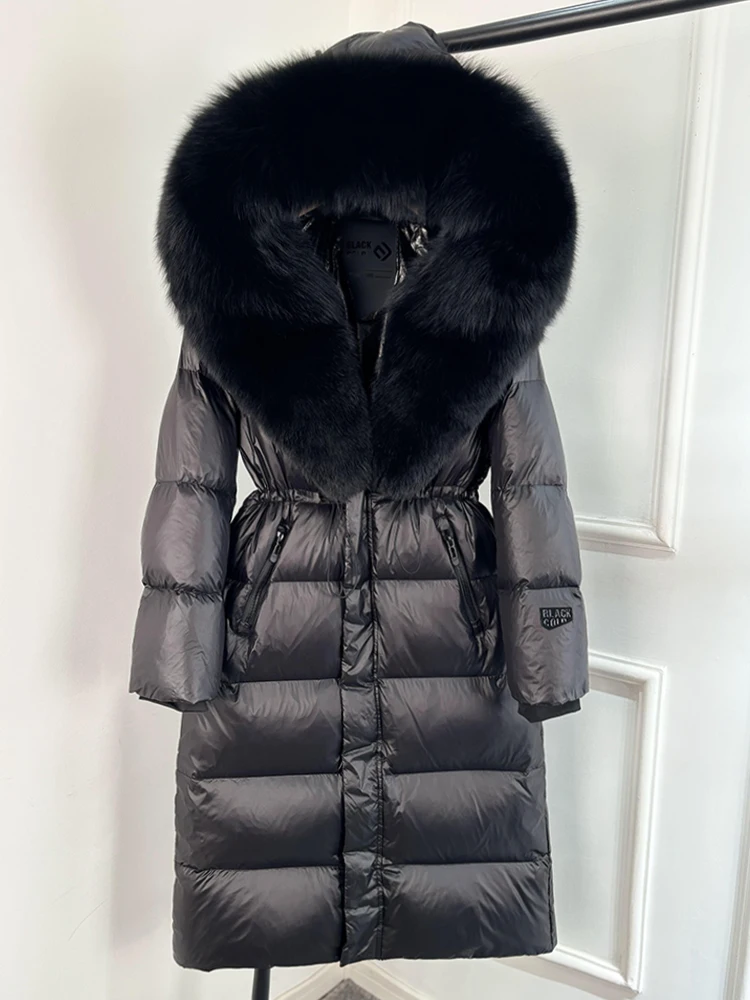 Janveny Thick Glossy Long Puffer Jacket Women Real Fox Fur Hooded 2026 Winter 90% Duck Down Coat Waterproof Female Warm Parkas
