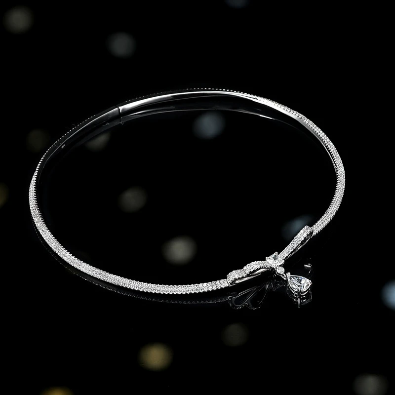 Bellux 925 silver bowknot water drop white full diamond CZ necklace light luxury and simple banquet collar jewelry for women