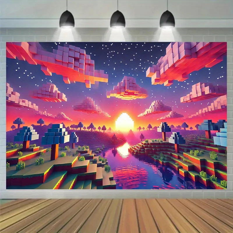 2D Flat, Pixel art sunset riverside game tapestry, vintage game style, room decoration, digital nostalgia, blocky terrain
