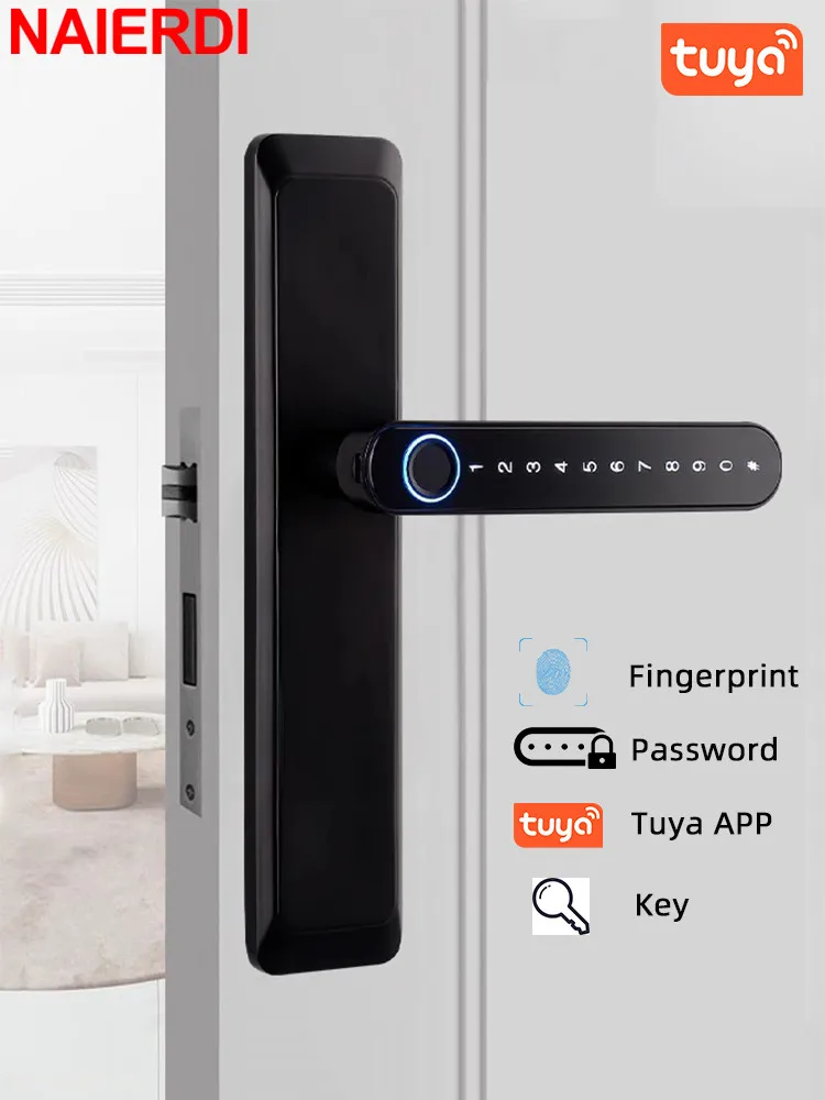 

NAIERDI Fingerprint Smart Door Lock Tuya APP Password Electronic Digital Lock Keyless Anti-theft Entry Door Handle Locks Hotel