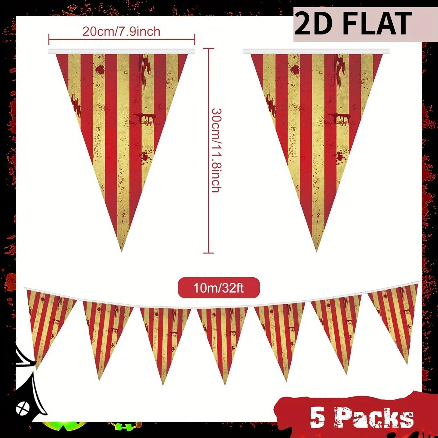 5 Packungen 35p Zirkusdekorationen, gruselige Karnevalsdekorationen, Halloween-Wimpelbanner, gestreiftes Banner, blutig, für Karneval, Geburtstag – Detail 2