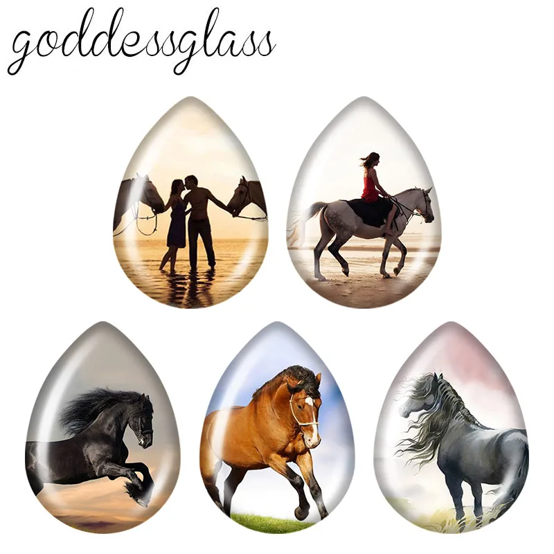 5pairs Running Horse Handsome Freedom Animals teardrop shape Photo Glass cabochon flat back For DIY Jewelry base Making Findings