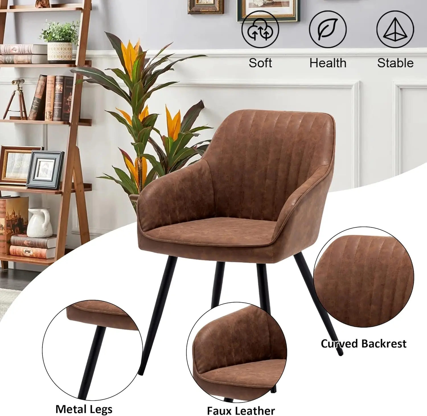 Leather Accent Arm Chairs for Living Room Leisures,Chair with Metal Legs Set of 2 for Home Kitchen Office Bistro Cafe, Brown