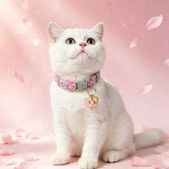 Cherry Blossom Embroidered Cat Collar with Bell – Breakaway Safety Buckle 9