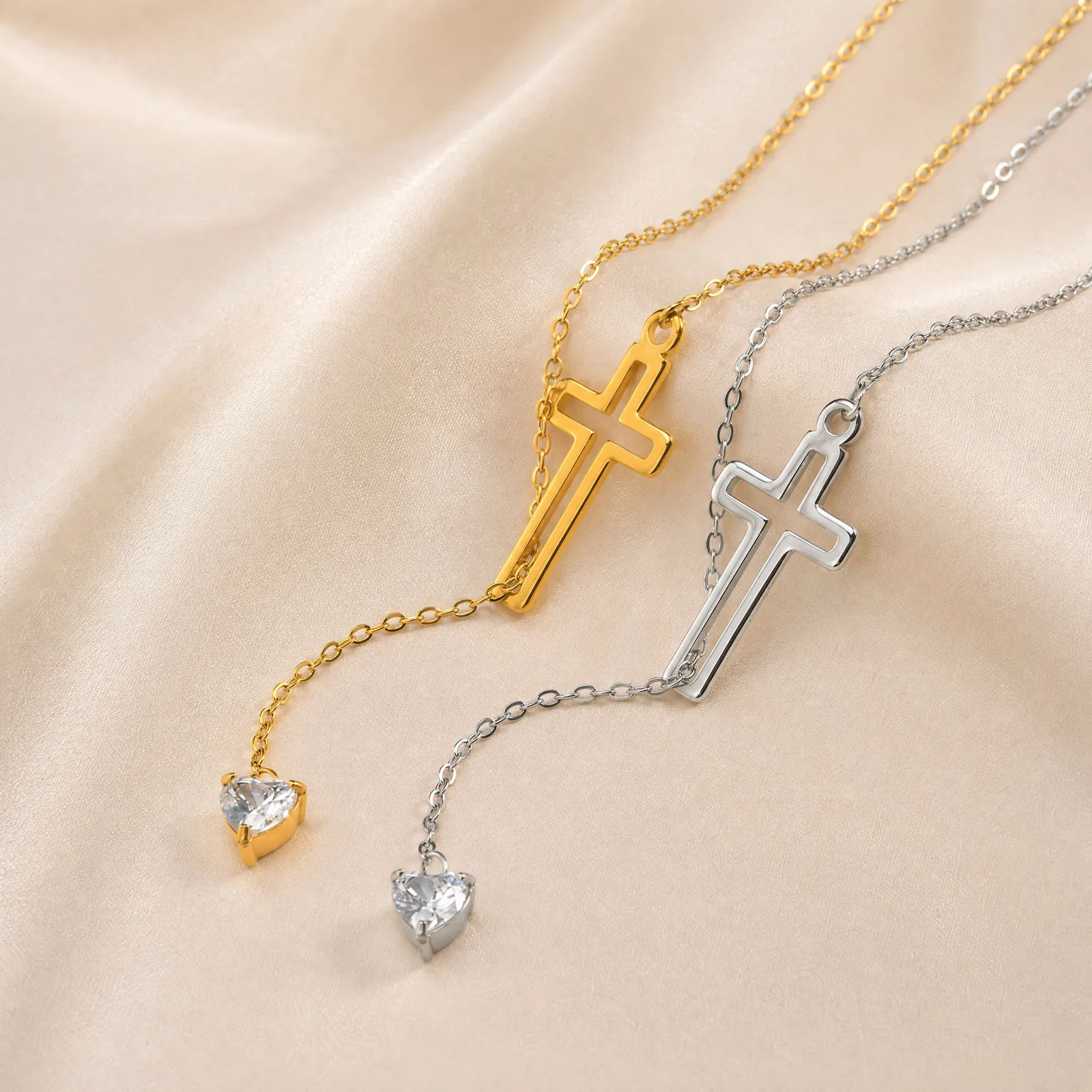 Sideways Cross Lariat Y Necklace for Women, Heart CZ Drop Pendant, 18K Gold Plated Stainless Steel, Dainty Christian Jewelry