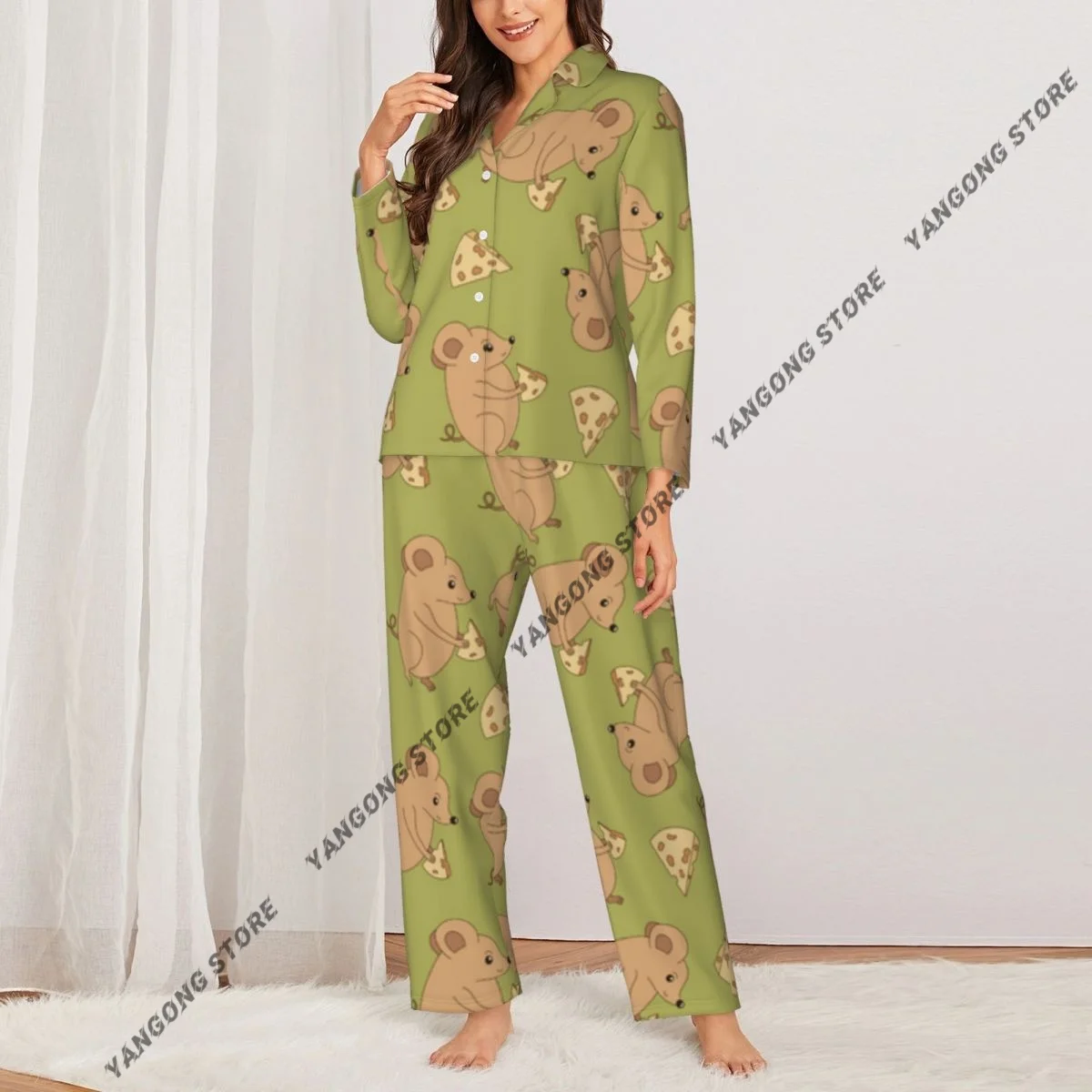 Women Sleepwear Pajamas Mouse With Cheese Cartoon Rat Long Sleeve Pijama Female Set Negligee Cardigan Suit