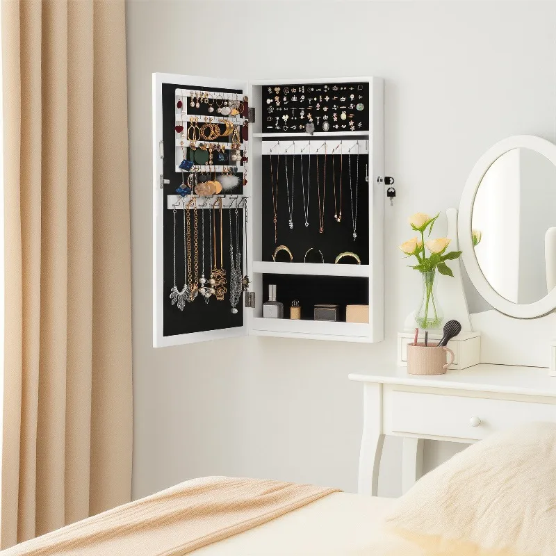 

Lockable Jewelry Cabinet Armoire with Mirror, Wall-Mounted Space Saving Jewelry Storage Organizer