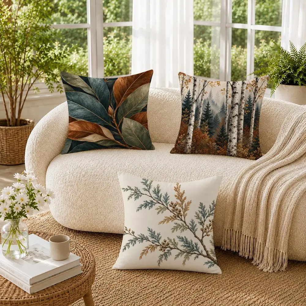 Autumn Woodland Forest Fern Pinecone Cushion Cover Soft Pillow Cases Hidden Zipper Cutecore Sofa Bedroom Home Decor Gift