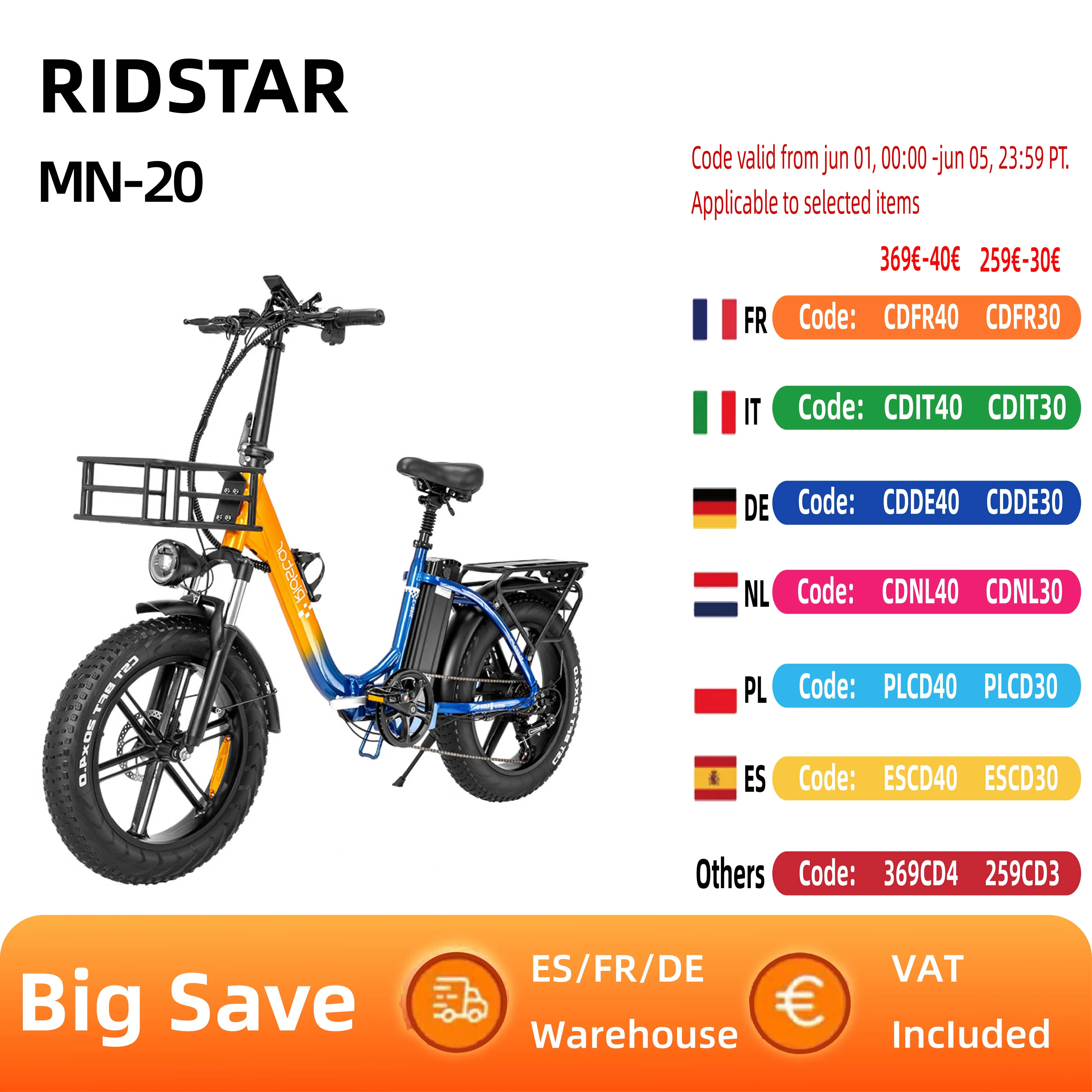 Ridstar MN-20 E-Bike 1000W Motor 48 v15ah Batterie Stadt Elektro fahrrad Erwachsener 20*4-Zoll Fett