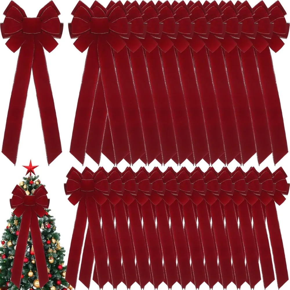 

36 Pcs 10"x 26" Extra Large Christmas Bows Bulk Snowflake Wreaths Bow with Golden Handmade Velvet Wired Red Ribbon Bows