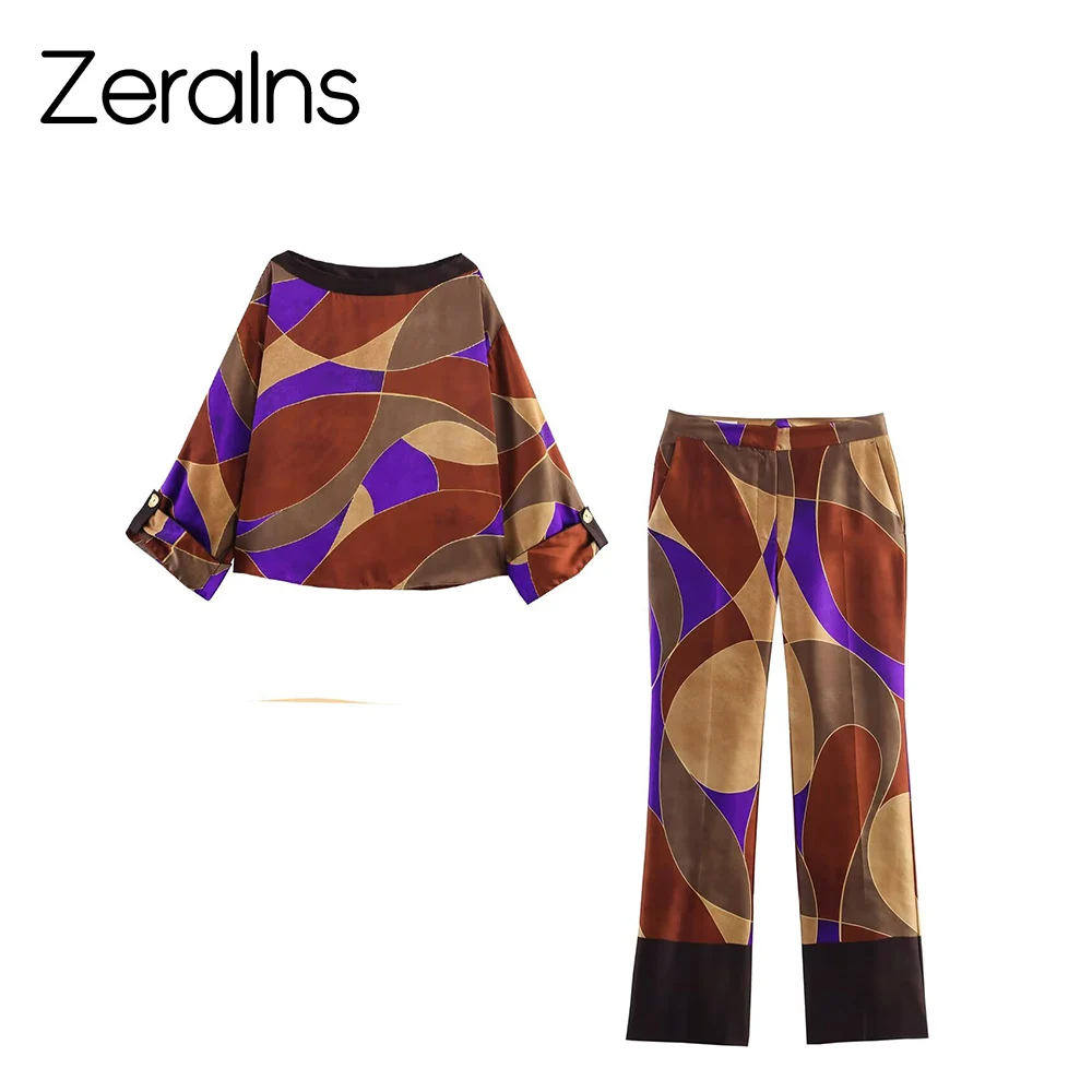 ZERAINS automne nouveaux vêtements pour femmes style européen et américain à la mode soie imprimé petit haut pantalons décontractés ensemble