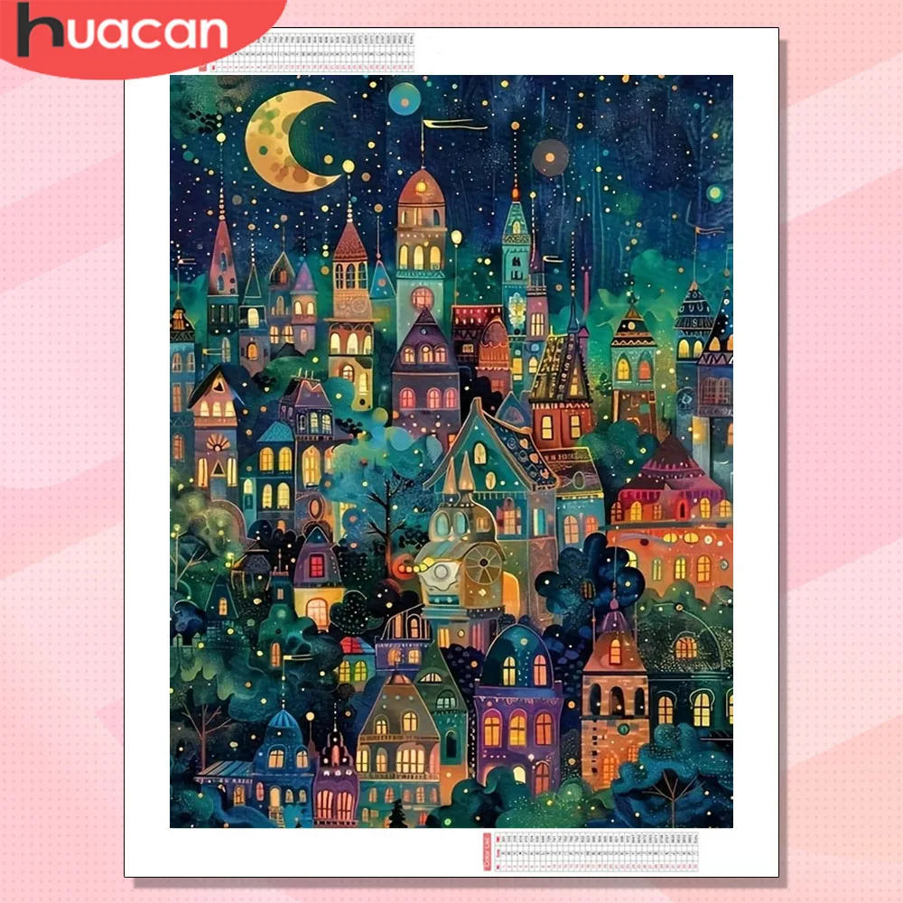 HUACAN Diamantmalerei Haus-Landschaft Vollquadratisch Rundbohrer Mosaik Einzigartiges Geschenk Strass Heim Schlafzimmer Wandkunst