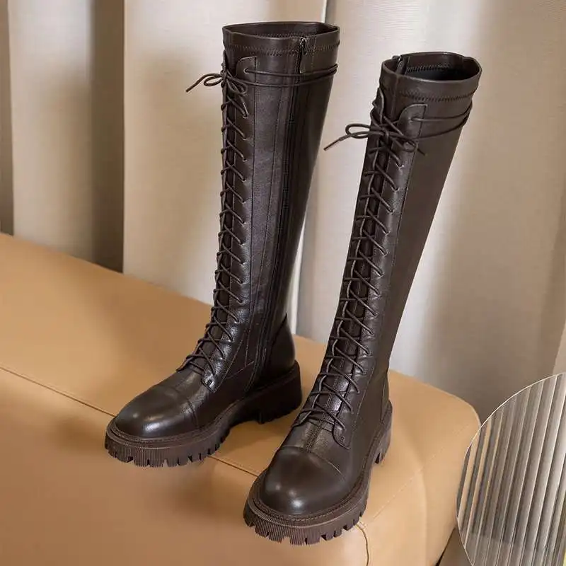 Krazing Pot Genuine Leather Round Toe High Heel Riding Boots Cross-tied Vintage Gladiator Lady Casual Platform Knee-high Boots
