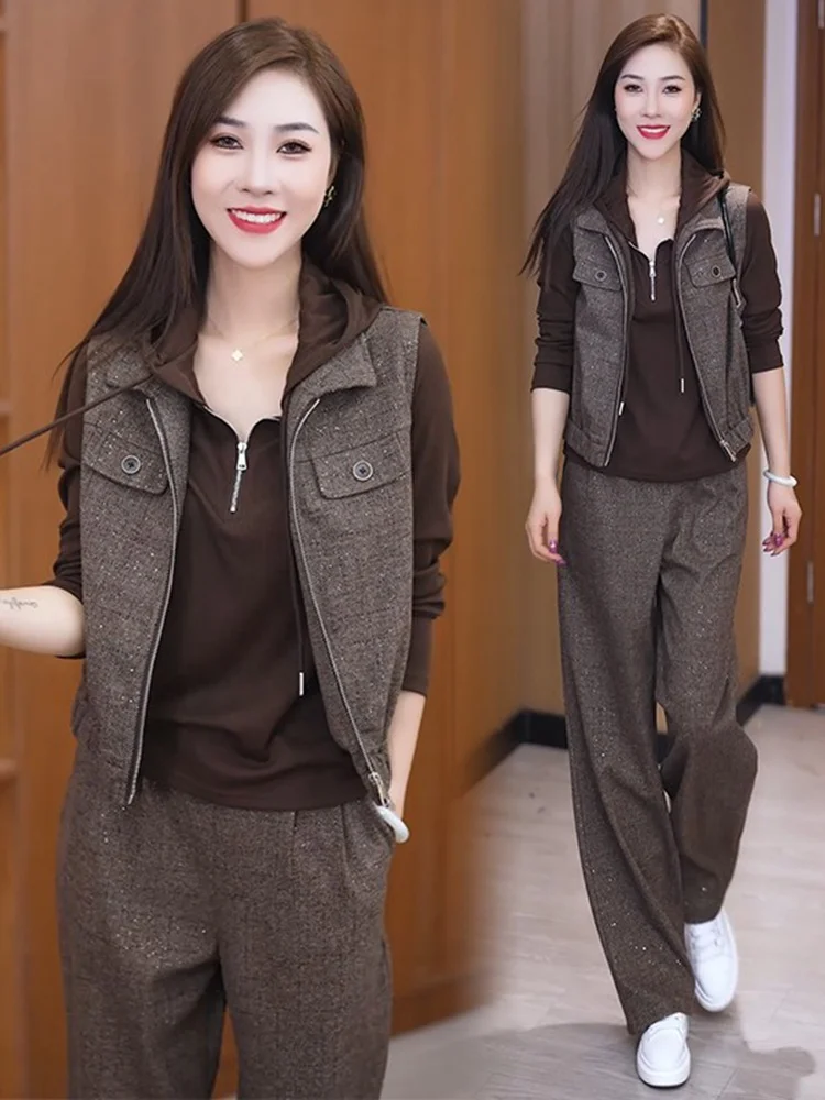 

Casual Sportswear Set Women's 2025 Spring Autumn New Faion Anti-Aging Hoodie Vest Wide Leg Pants Tee-piece Set Polyester ...