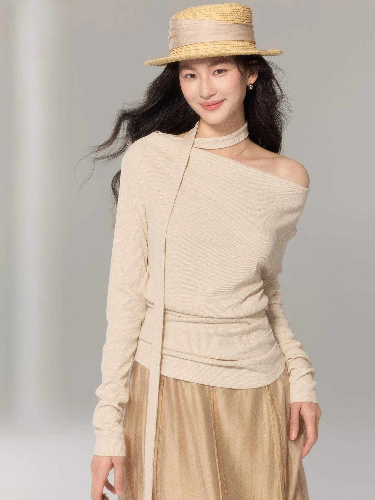 

Design Sensation Women's Knitted Top oulder Bared Neline Slant Cut Gathered Design Casual Commute Sle Long Sve