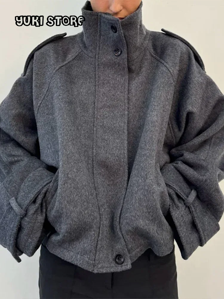 

Elegant Solid Stand Collar Short Coat Women Casual Loose Button Full Sleeve Outwear 2025 Autumn Female Fashion Streetwear