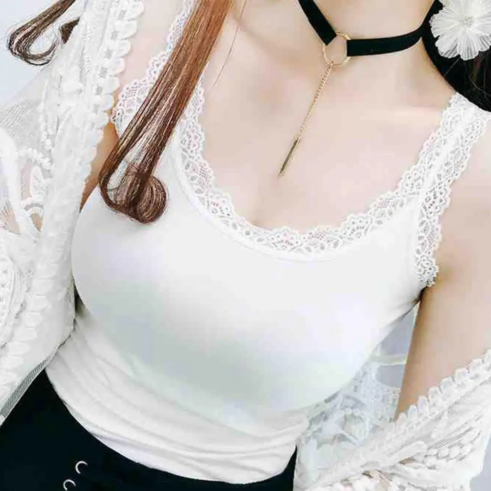 

Women Vest Elegant Lace Trimmed Tank Tops for Women Slim Fit Camisole Vest with U-neck Stylish Polyester Spandex Streetwear Top