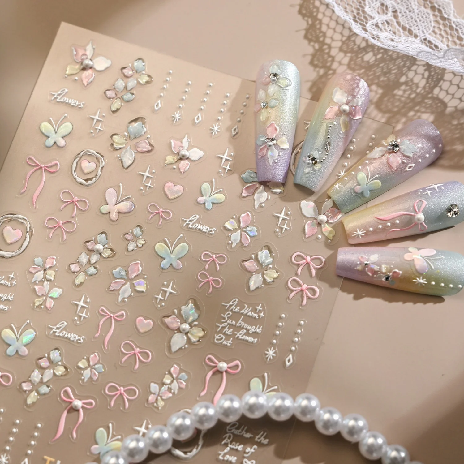 5D Geprägte Süße Nagelkunst-Aufkleber Schmetterling Rosa Schleife Perlenkette Stern Quaste Herz Rahmen Y2K Selbstklebende Deko-Sticker