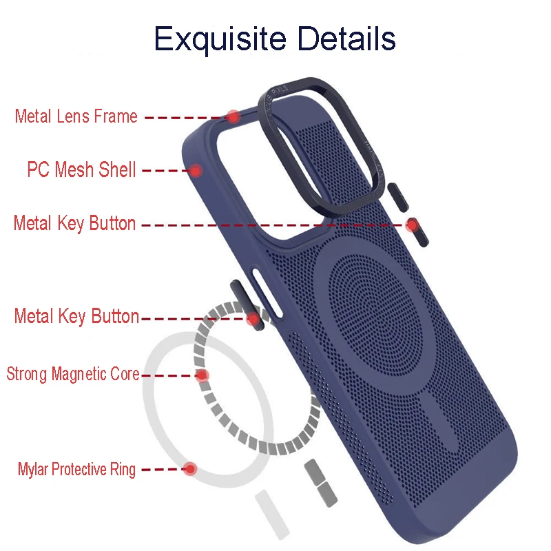 Heat Dissipation Magsafe Magnetic Case For iPhone 14 15 Plus 13 12 11 Pro Max Metal Lens Frame Matte Breathable Grid Hard Cover image 5