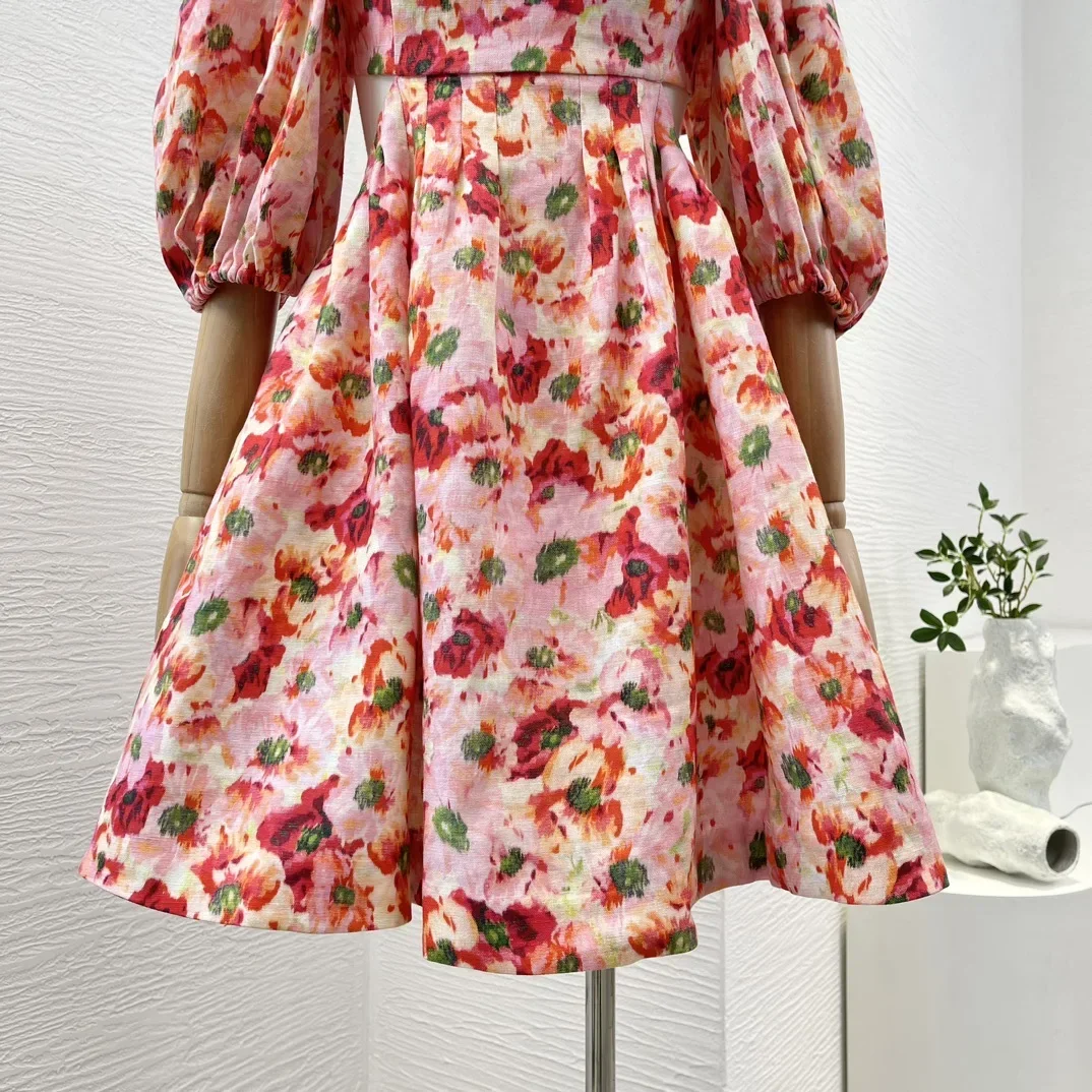 Minivestido de lino con estampado Floral rojo para mujer, minivestido de media manga con Espalda descubierta, cintura recortada, cuello cuadrado, alta calidad, 2025