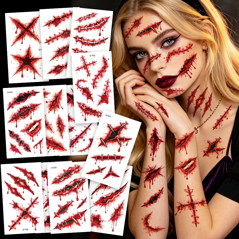 Halloween Bloody Wound Temporary Tattoos-12 Sheets,Realistic Horror Fake Scars Stitch Scabs Tattoos,Halloween Party Favors Decor
