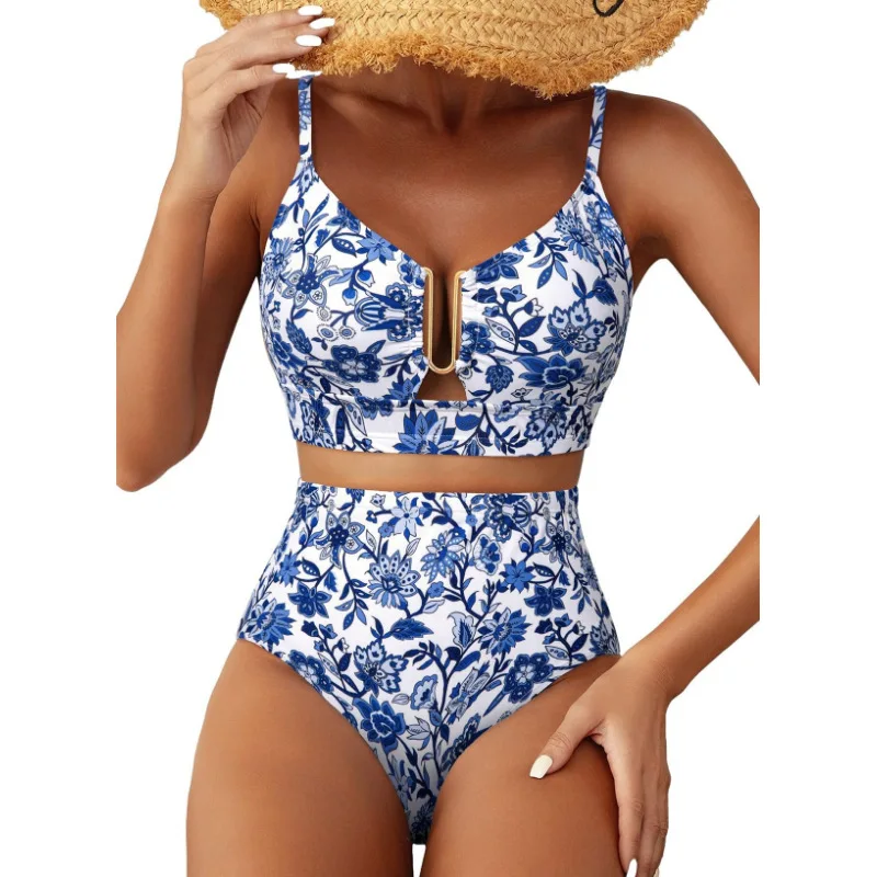 Women's 2Pcs High Waist U-Line Bikini Set, Floral Print Swimwear with Cross Back, Beach Vacation
