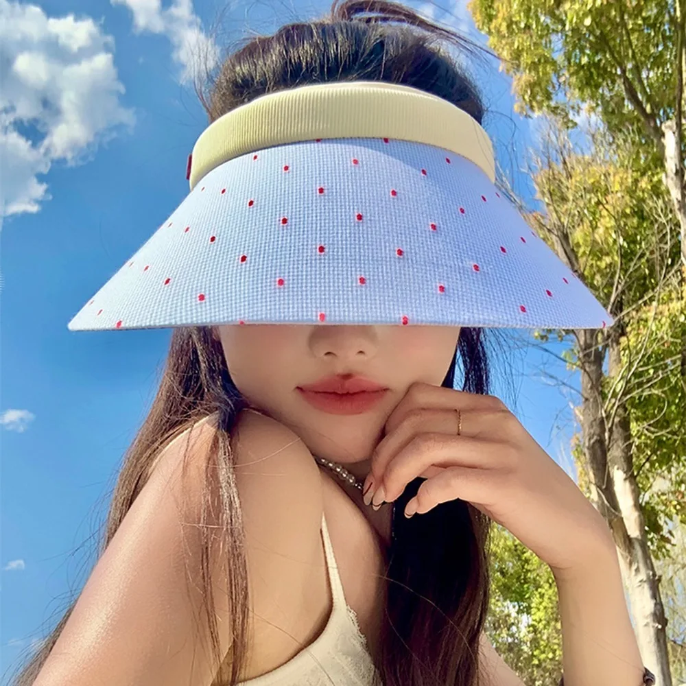 

Fashion Sweet Woman Sun Hat Colorful Dot Wide Brim Empty Top Cap Sunscreen Anti-UV Visor Cap Summer