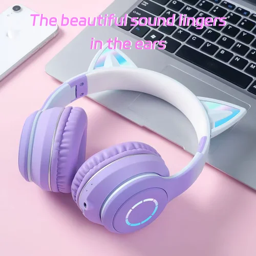 Imagen 2 del producto Bonitos auriculares con luz Bluetooth y gato, auriculares inalámbricos con Bluetooth y micrófono HD, auriculares estéreo Hifi para jugadores de música, regalos para niños