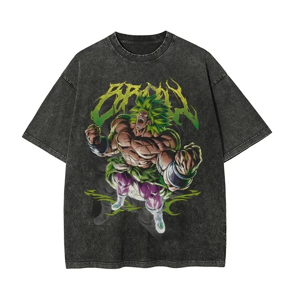 Camiseta Dragon Ball Broly para Hombre, Estilo Acid Wash, Oversize, Anime, Verde Energético, Algodón Vintage, Ropa Deportiva Urbana, Camiseta con Gráfico Legendario